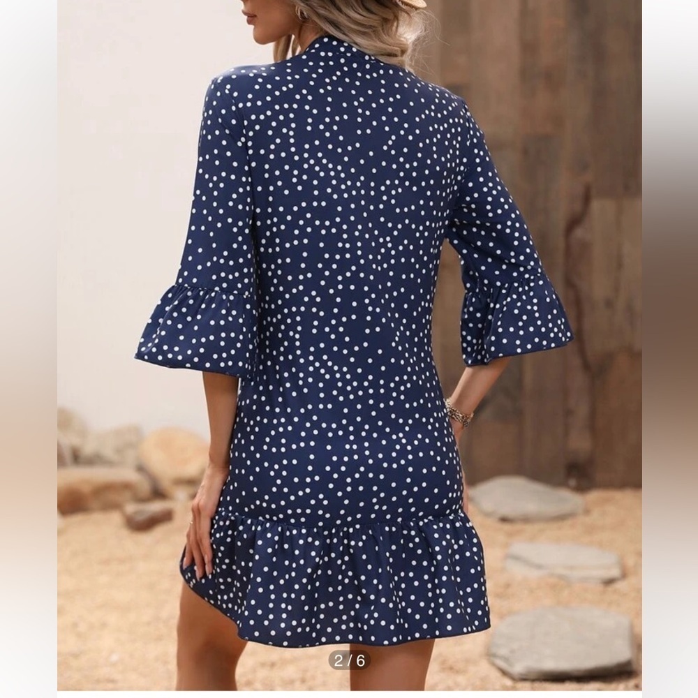 SHEIN Navy/White Polka Dot Print Flounce Sleeve Ruffle Hem Smock Dress - Picture 2 of 13